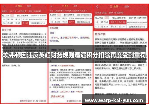 埃弗顿因违反英超财务规则遭遇积分扣除再度受到重罚